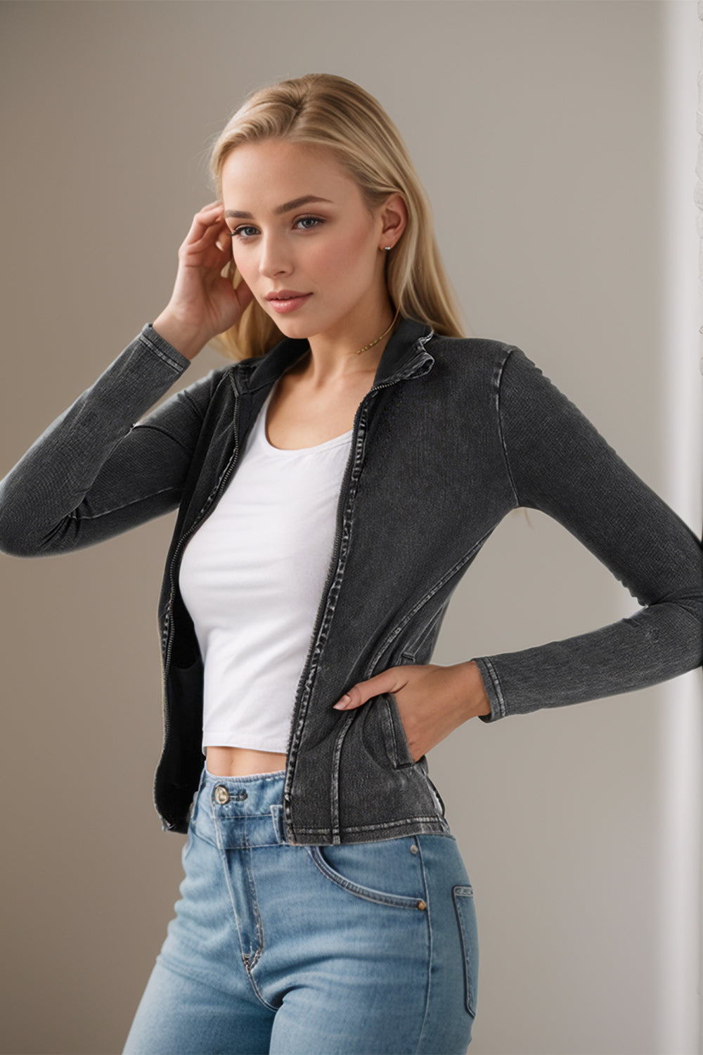 Basic Bae Pocketed Turtleneck Zip Up Denim Top - Little Miss Vanilla