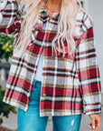 Fiery Red Geometric Plaid Print Pocketed Shacket