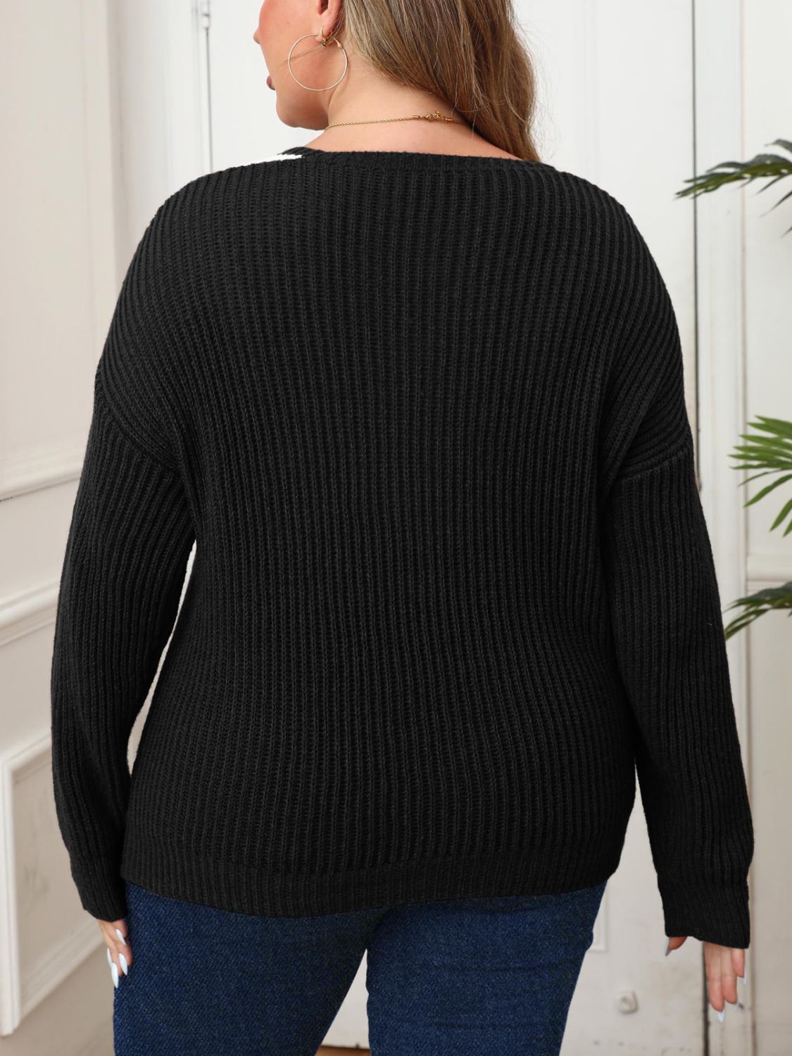 Plus Size Contrast Dropped Shoulder Long Sleeve Sweater - Little Miss Vanilla