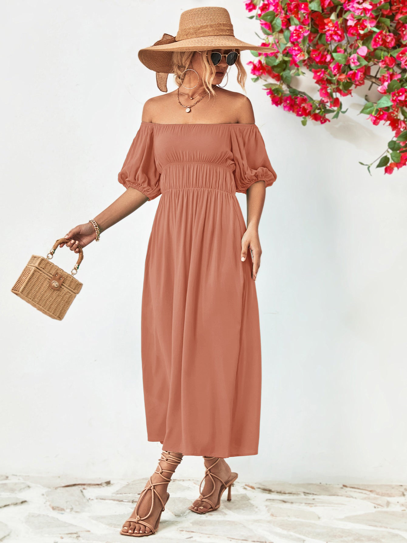 Off-Shoulder Balloon Sleeve Midi Dress - Little Miss Vanilla