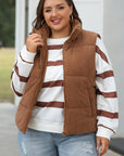 Coffee Corduroy Stand Neck Zipped Puffer Vest