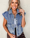 Ashleigh Blue Acid Wash Elastic Hem Button Up Denim Vest - Little Miss Vanilla