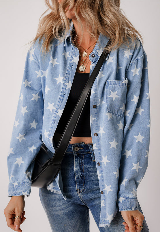 Raw Hem Star Collared Neck Denim Top - Little Miss Vanilla