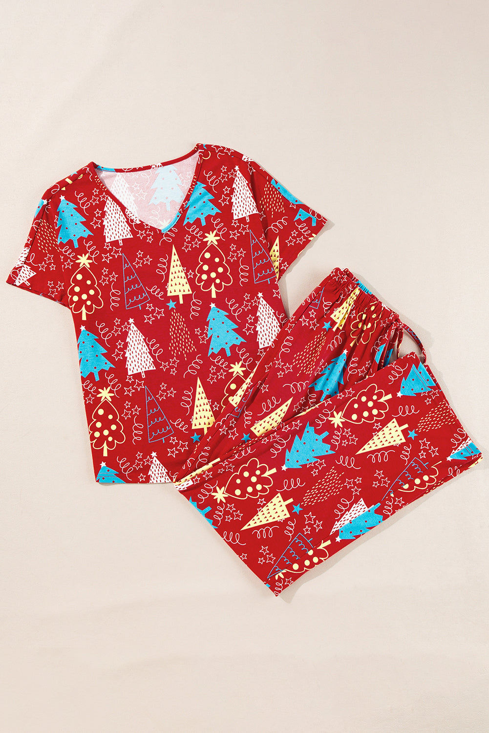 Red Christmas Tree Print V Neck Tee and Pants Lounge Set - Little Miss Vanilla