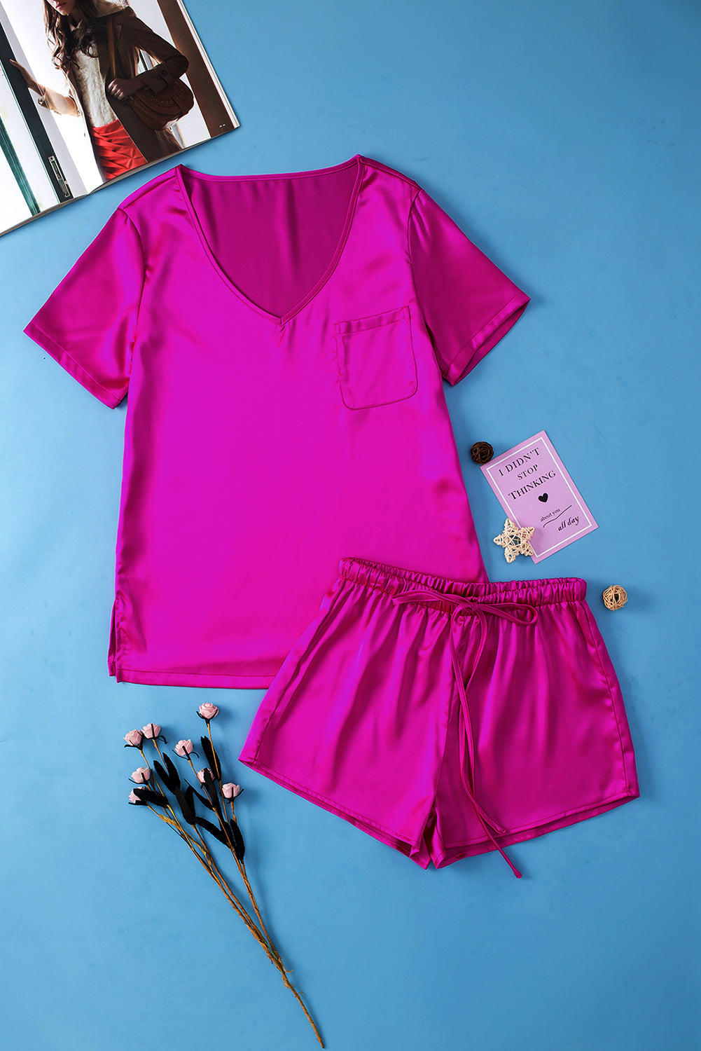 Bright Pink Satin V Neck Tee and Drawstring Shorts Set - Little Miss Vanilla