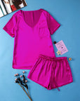 Bright Pink Satin V Neck Tee and Drawstring Shorts Set - Little Miss Vanilla