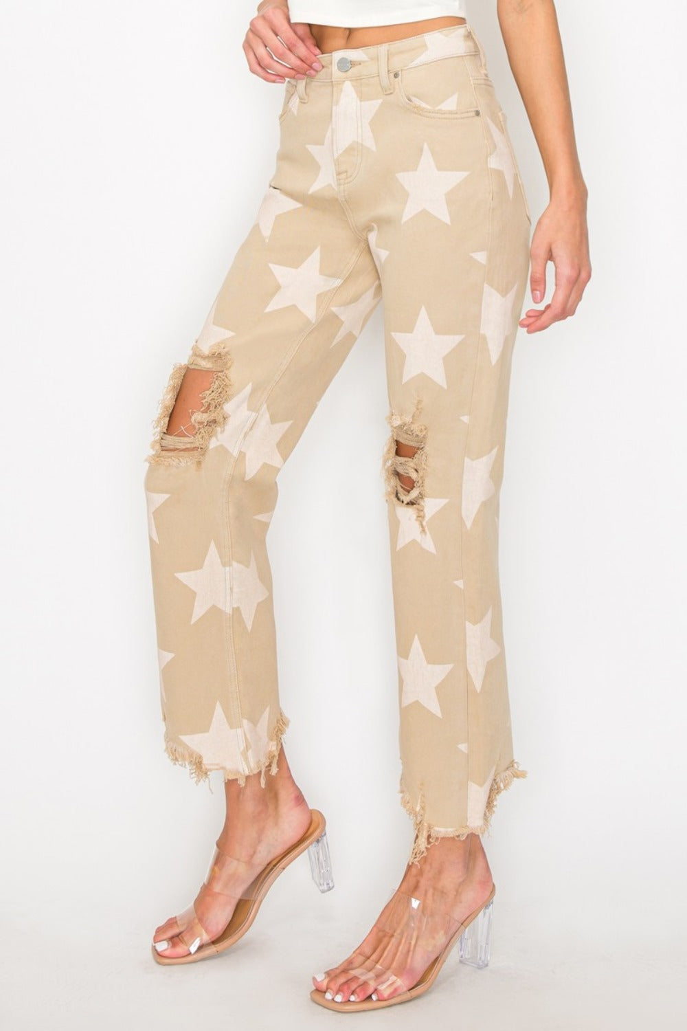 RISEN Full Size High Rise Star Printed Frayed Hem Jeans - Little Miss Vanilla