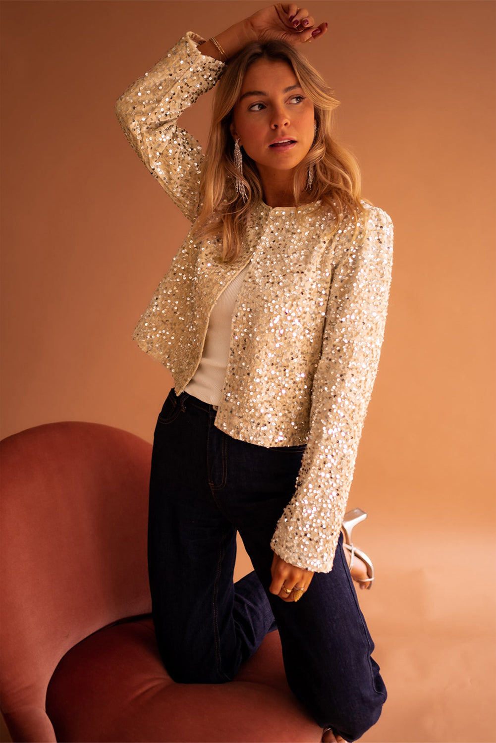 Golden Fleece Sequined Open Front Cropped Jacket - Little Miss Vanilla