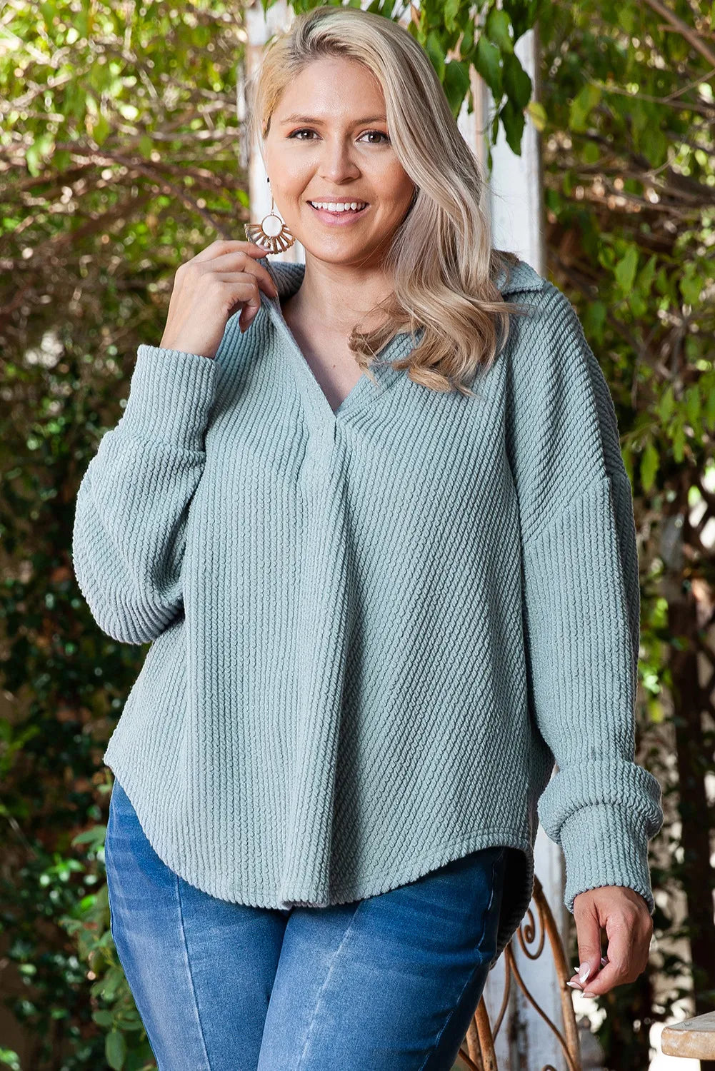 Plus Size Textured Johnny Collar Long Sleeve Sweatshirt - Little Miss Vanilla