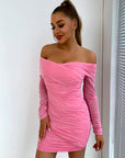 Glitter Ruched Off-Shoulder Long Sleeve Bodycon Dress - Little Miss Vanilla