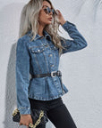 Peplum Collared Neck Long Sleeve Denim Top - Little Miss Vanilla