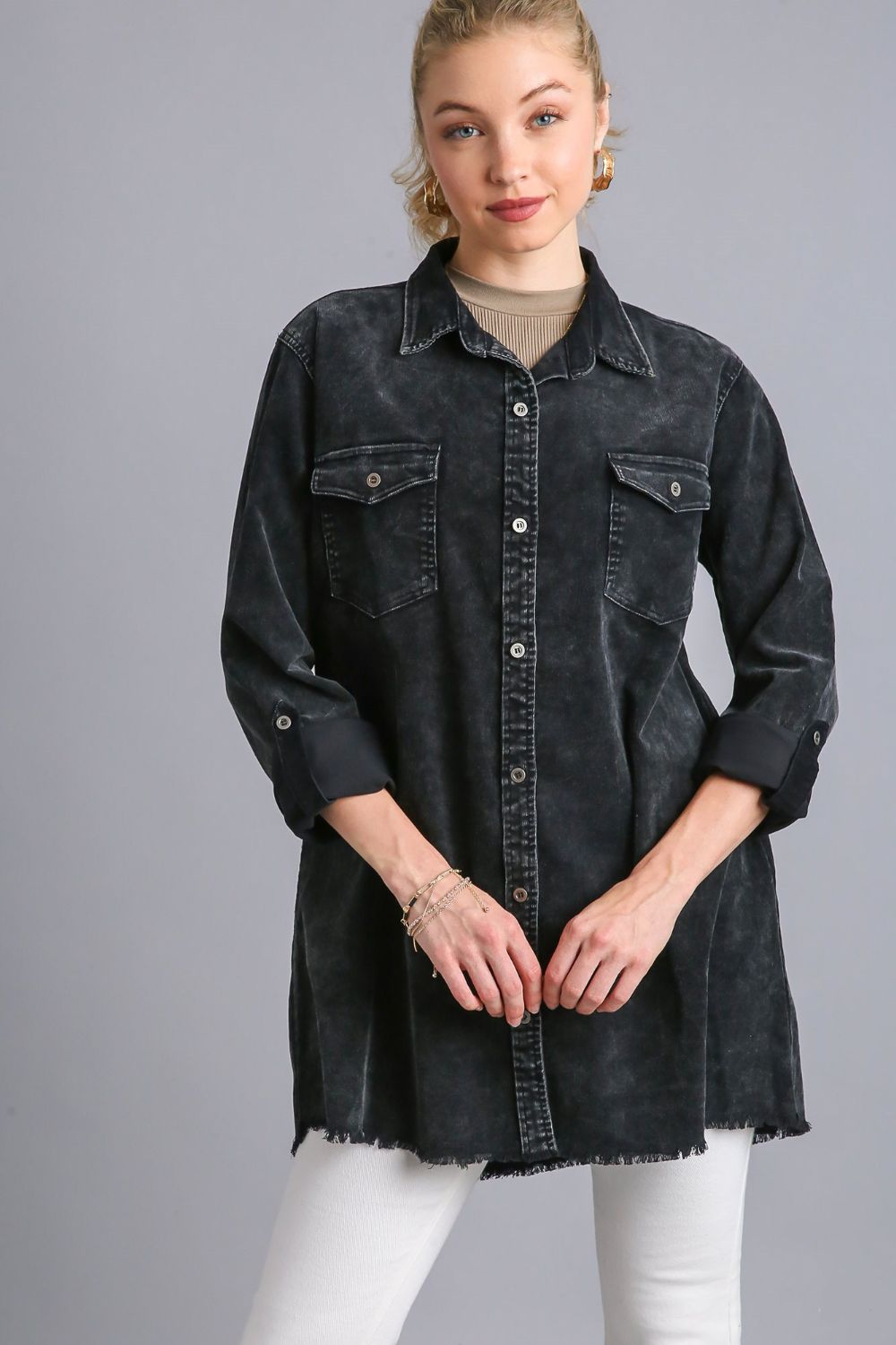 Umgee Raw Hem Button Down Denim Jacket with Chest Pockets - Little Miss Vanilla