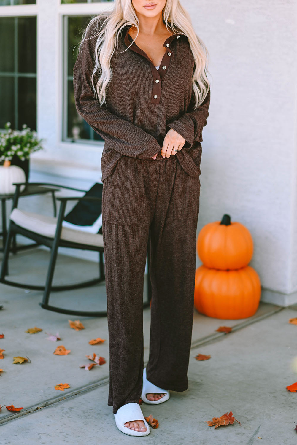 Brown Ribbed Knit Collared Henley Top and Pants Lounge Outfit - Little Miss Vanilla