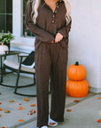 Brown Ribbed Knit Collared Henley Top and Pants Lounge Outfit - Little Miss Vanilla