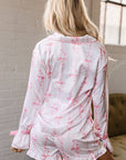 Pink Satin Bow Bell Sleeve Shirt and Ruffled Shorts Pajama Set