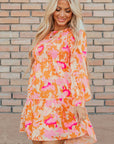 Orange Abstract Print Smocked Lantern Sleeve Ruffle Mini Dress - Little Miss Vanilla