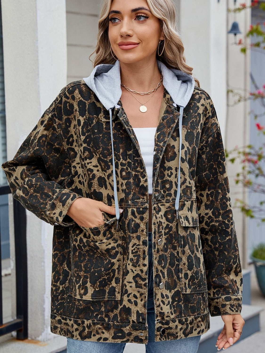 Leopard Button Up Drop Shoulder Denim Jacket - Little Miss Vanilla