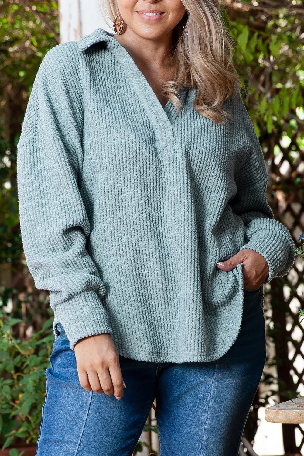 Plus Size Textured Johnny Collar Long Sleeve Sweatshirt - Little Miss Vanilla