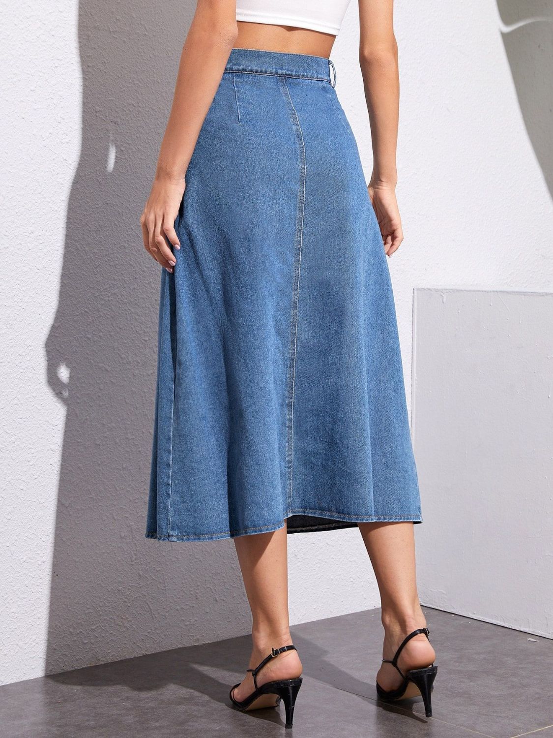 Buttoned Midi Denim Skirt with Pockets - Little Miss Vanilla