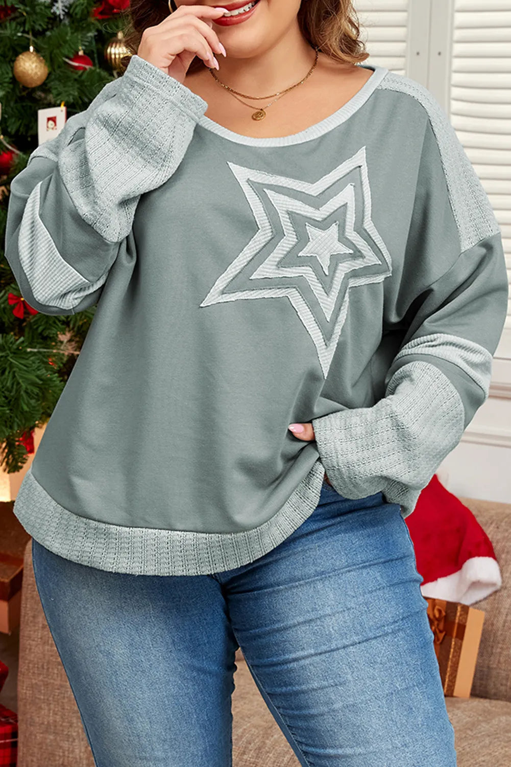 Plus Size Star Round Neck Long Sleeve Top - Little Miss Vanilla