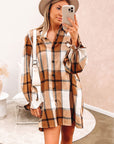 Khaki Plaid Pattern Collared Neck Ruffled Sleeve Shirt Dress - Little Miss Vanilla