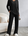 Black Ribbed Knit V Neck Slouchy Two-piece Outfit - Little Miss Vanilla