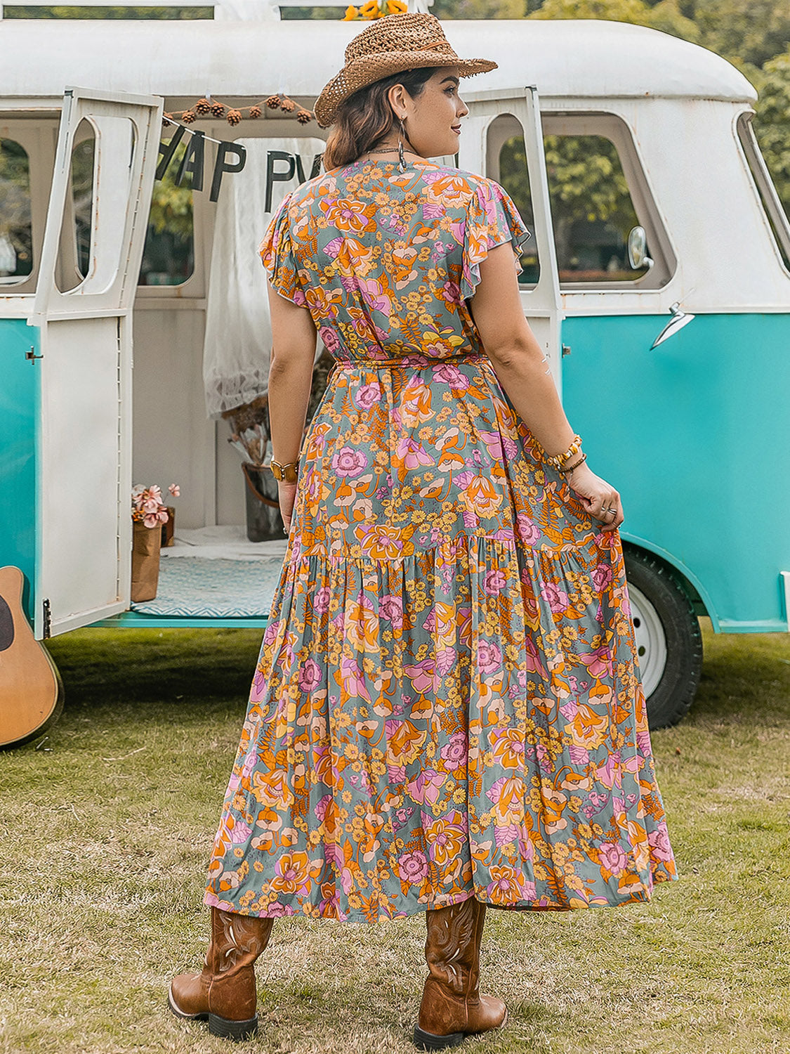 Plus Size Ruffled Printed Cap Sleeve Dress - Little Miss Vanilla