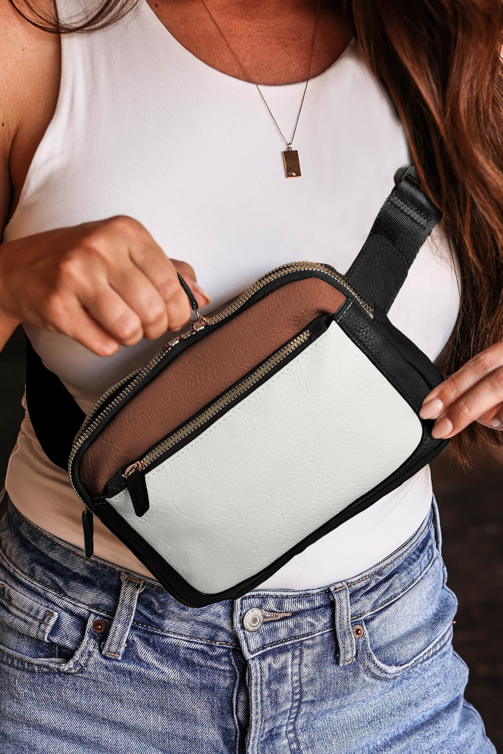 White Leather Colorblock Zipped Removable Clip Crossbody Bag - Little Miss Vanilla