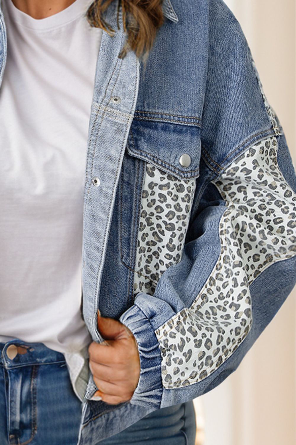 Plus Size Leopard Long Sleeve Denim Jacket - Little Miss Vanilla