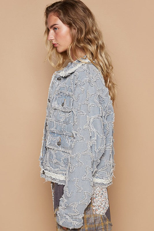 POL Star Textured Raw Hem Long Sleeve Denim Jacket - Little Miss Vanilla