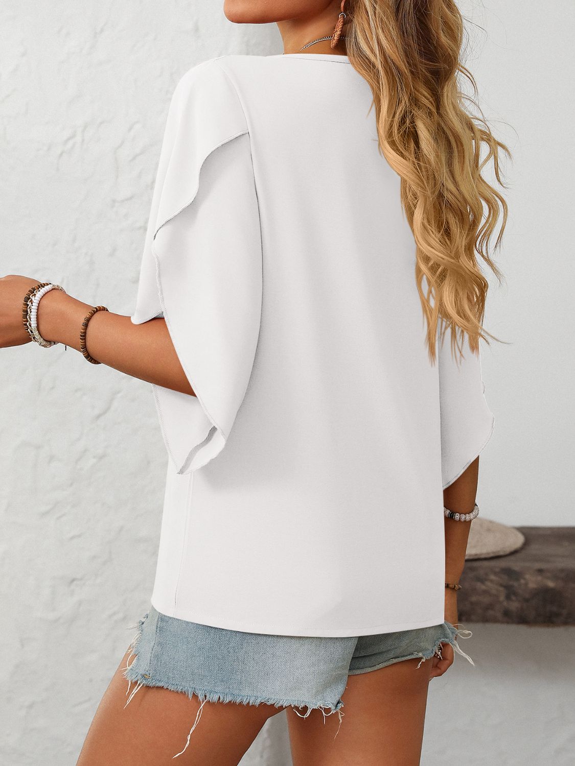 Mandy Ruffled Asymmetrical Neck Half Sleeve Blouse - Little Miss Vanilla