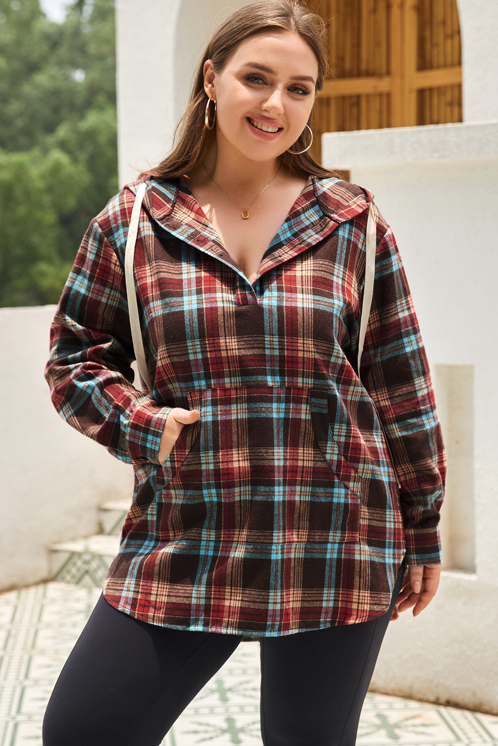 Plus Size Drawstring Plaid Quarter Button Hoodie - Little Miss Vanilla