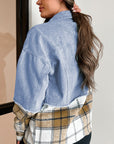 Khaki Plaid Patchwork Buttoned Oversized Denim Jacket