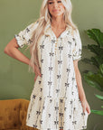 Beige Cute Bowknot Printed Bubble Sleeve V Neck Mini Dress - Little Miss Vanilla