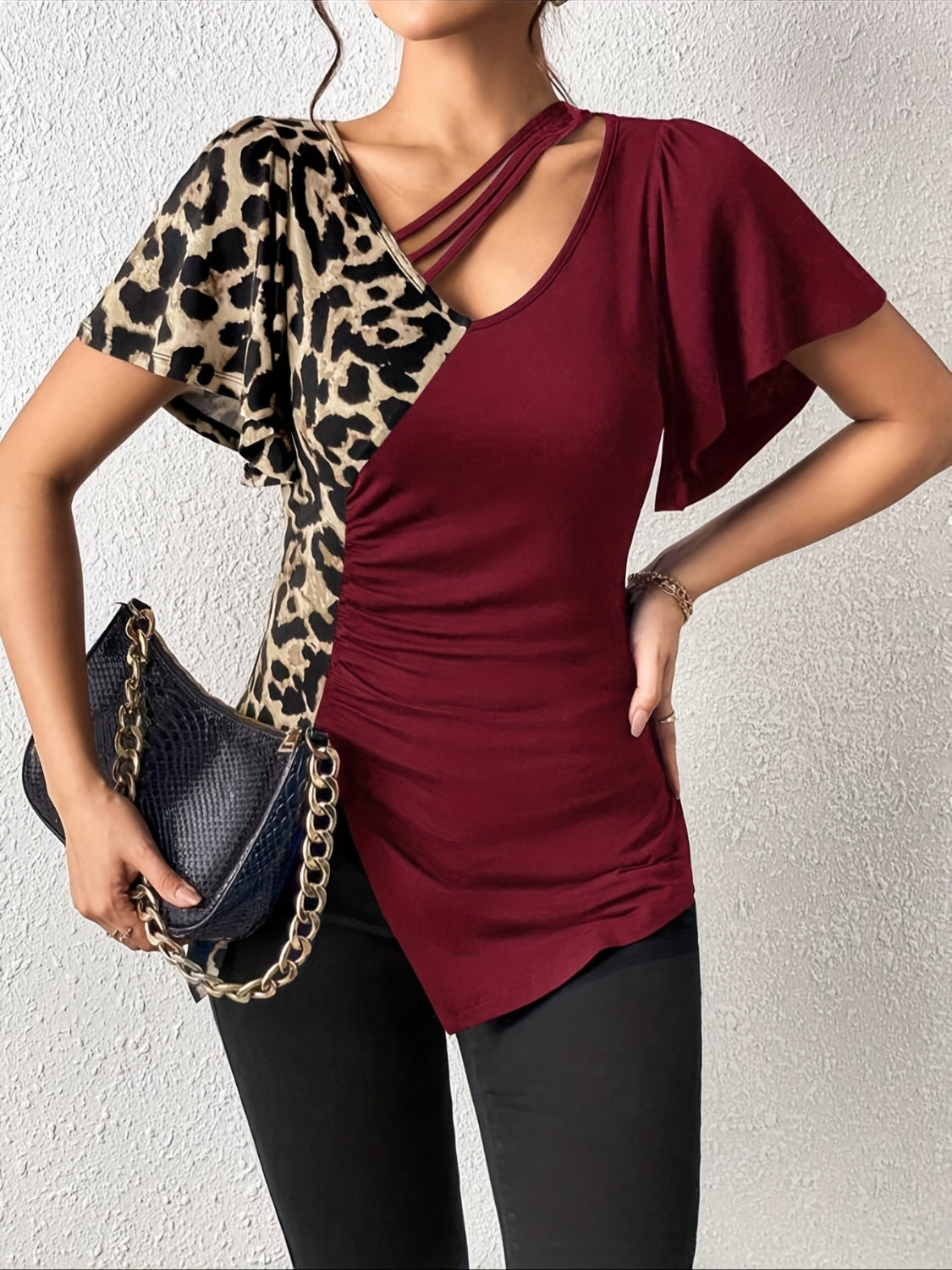 Ruched Leopard Flutter Sleeve T-Shirt - Little Miss Vanilla