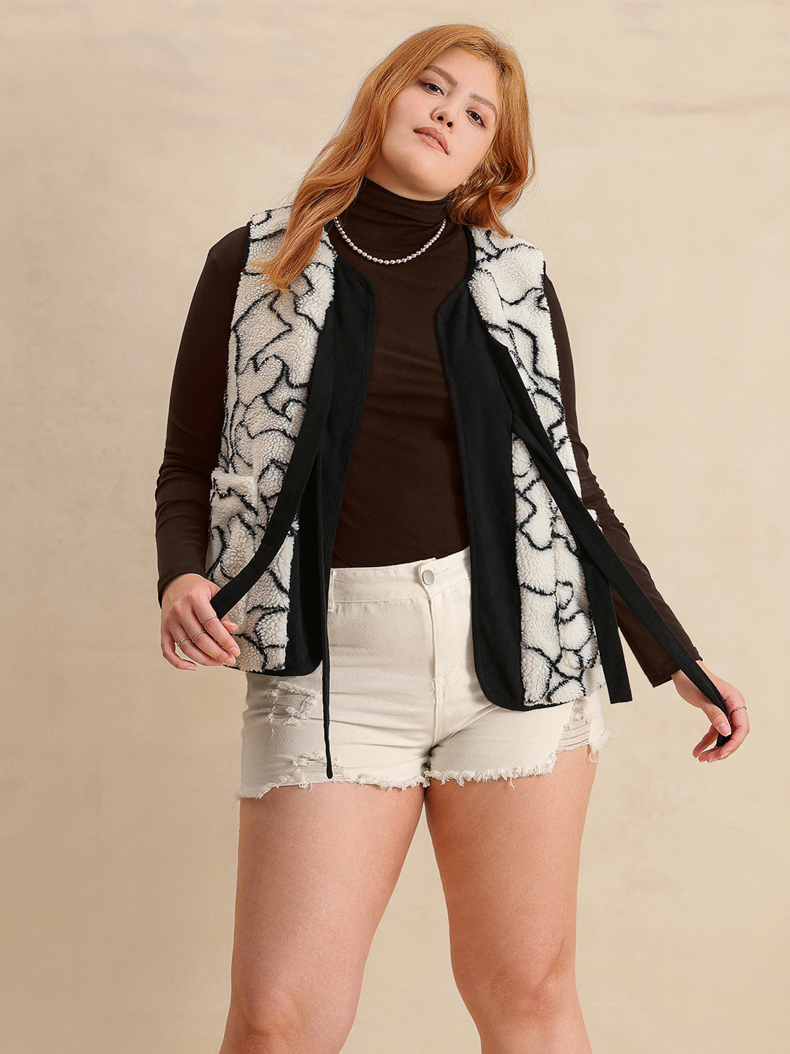 Plus Size Tied Sherpa Vest Coat with Pockets - Little Miss Vanilla