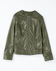 Sage Green Solid Faux Leather Zipper Slim Fit Bomber Jacket