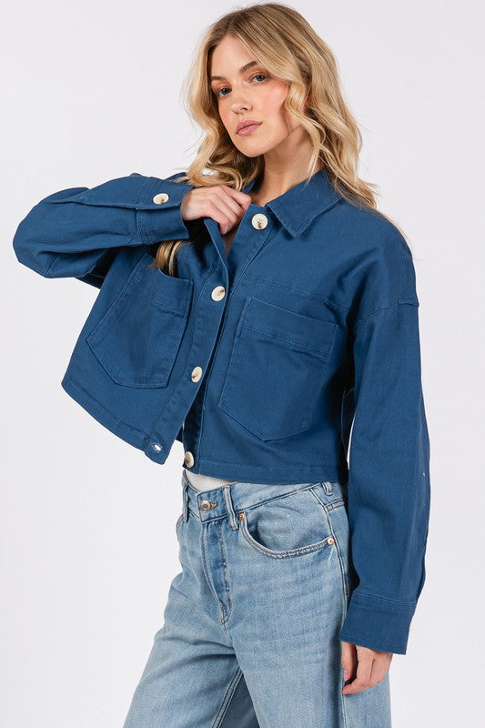 bytos Button Down Cropped Denim Jacket with Patch Pockets - Little Miss Vanilla