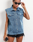 Pocketed Collared Neck Sleeveless Denim Top - Little Miss Vanilla