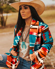 Sky Blue Aztec Printed Lapel Bell Sleeve Jacket