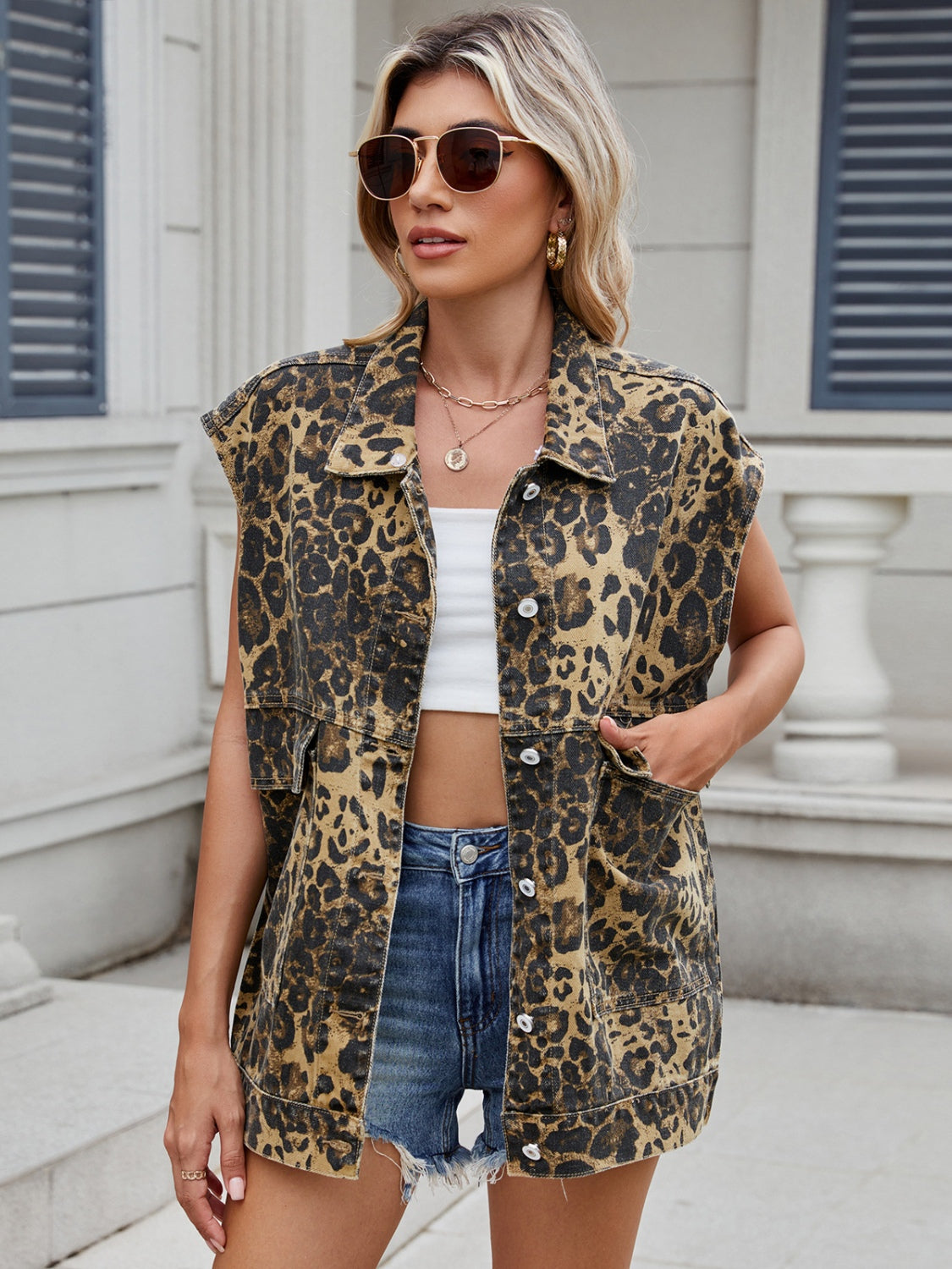 Leopard Buttton Up Denim Vest - Little Miss Vanilla