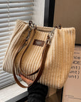 Retro Large Capacity Shoulder Bag Casual Simple Portable Shopper Tote Bag Corduroy Solid Commuter Zipper Women's Handbag