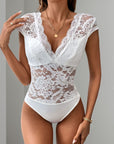 Perfee Lace Backless V-Neck Cap Sleeve Bodysuit - Little Miss Vanilla