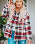 Fiery Red Geometric Plaid Print Pocketed Shacket