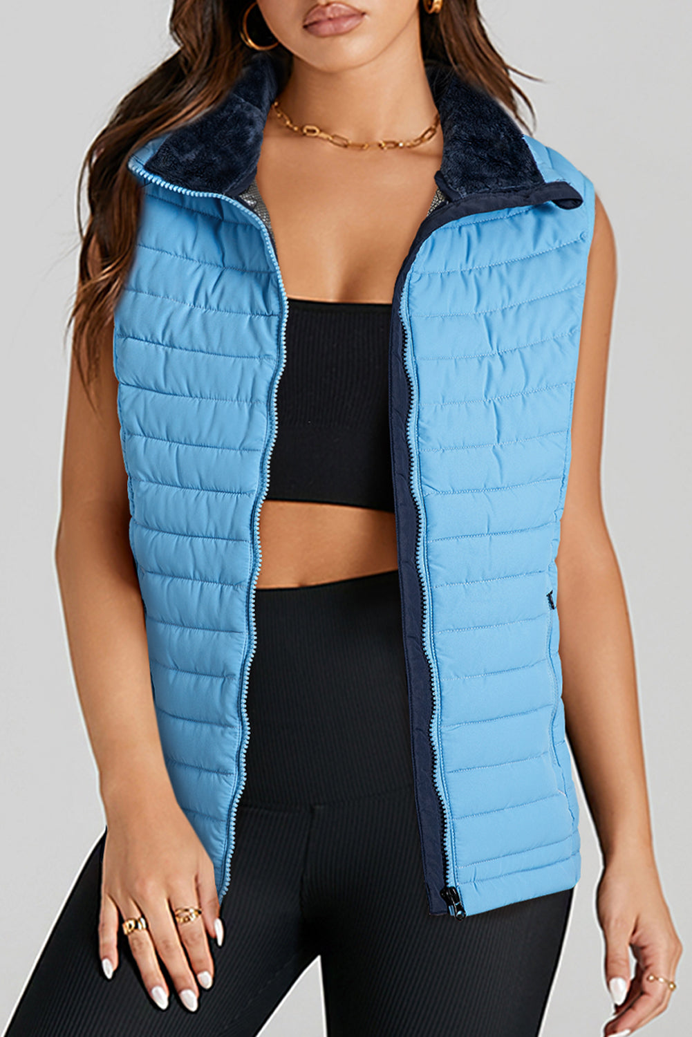 Sky Blue Plush Collared Quilted Zipped Puffer Vest - Little Miss Vanilla