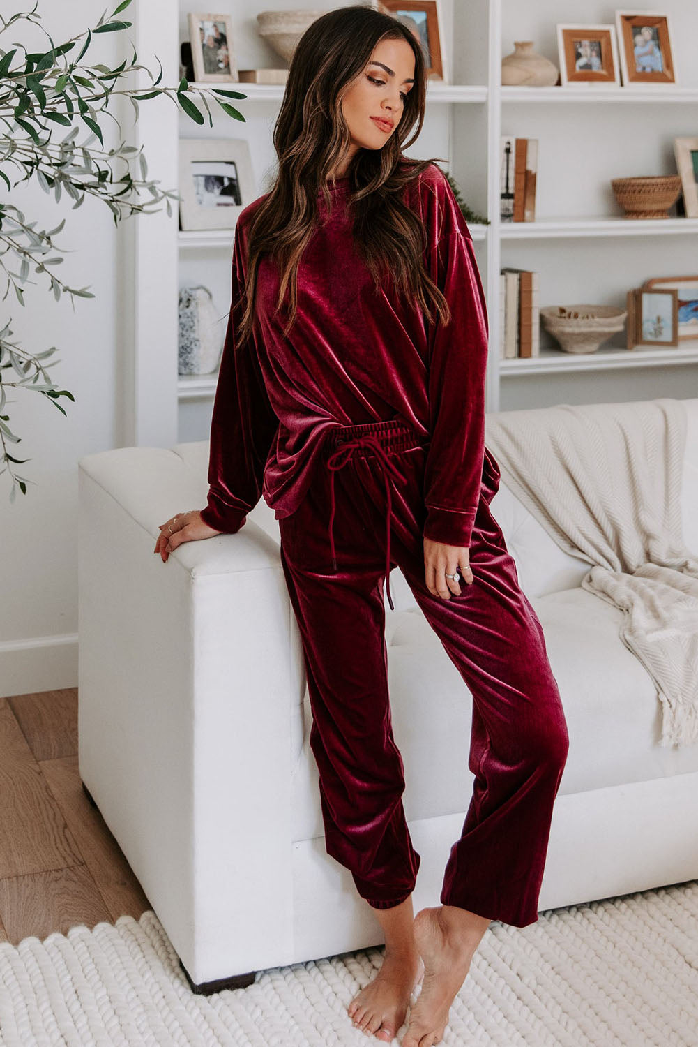 Fiery Red Solid Velvet Two Piece Lounge Set - Little Miss Vanilla