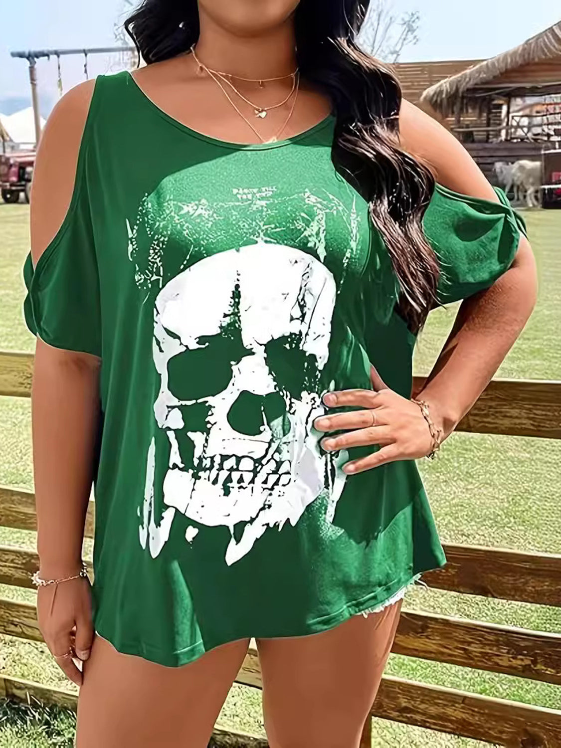 Plus Size Skeleton Graphic Round Neck Cold Shoulder T-Shirt - Little Miss Vanilla