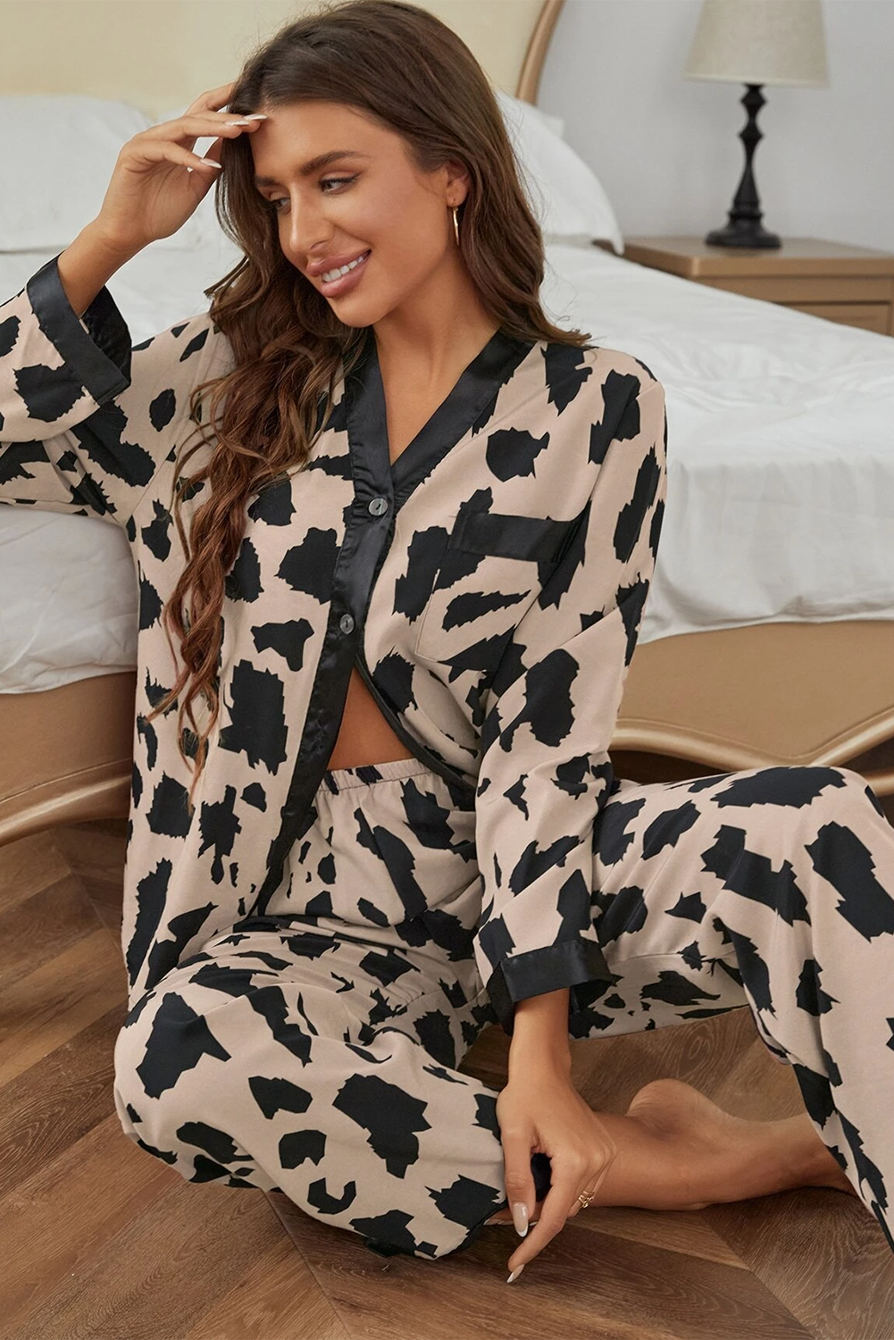 Khaki Cheetah Contrast Trim Loose Fit Two Piece Sleepwear - Little Miss Vanilla