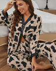 Khaki Cheetah Contrast Trim Loose Fit Two Piece Sleepwear - Little Miss Vanilla