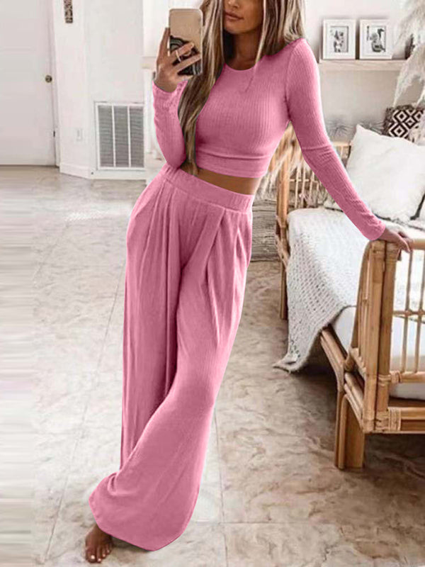 Women&#39;s Solid Color Knitted Casual Home Two-Piece Suit